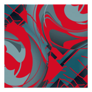 Poster Rouge brillant avec Formes gris-vert de mer