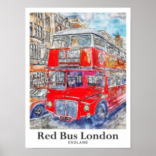 Poster Rouge Bus Londres Angleterre Aquarelle Art Tirée m