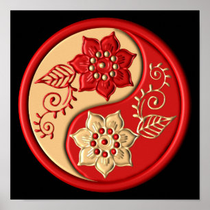 Poster Rouge et Or Floral Yin Yang