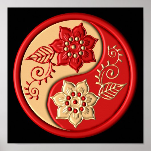 Poster Rouge et Or Floral Yin Yang (Devant)