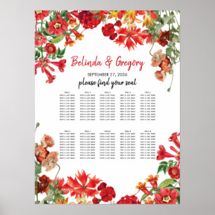 Poster Rouge Floral Jardin Fleurs Mariage Carte de siège