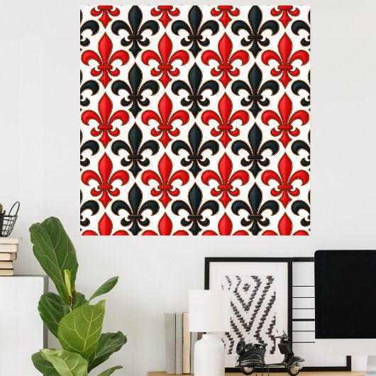 Poster Rouge noir baroque Fleur de lis Motif Design