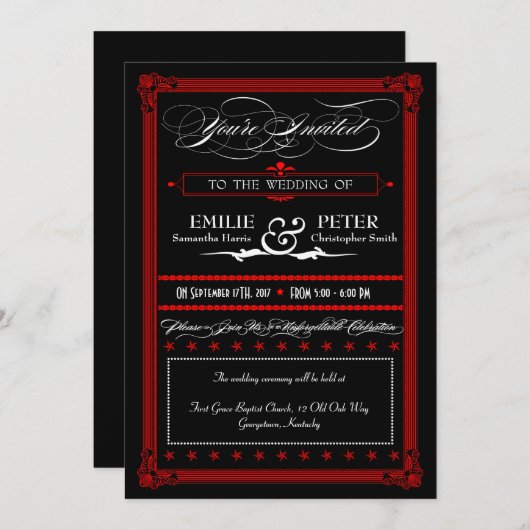 Poster rouge & noir Style Mariage Invitations (Devant / Derrière)