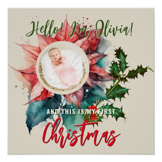 Poster Rouge Poinsettia Gui Baby Nom Photo Noël (Devant)