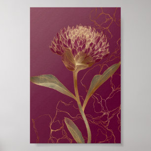 Poster Rouge Profond Or Botanique Fleur Ligne de travail
