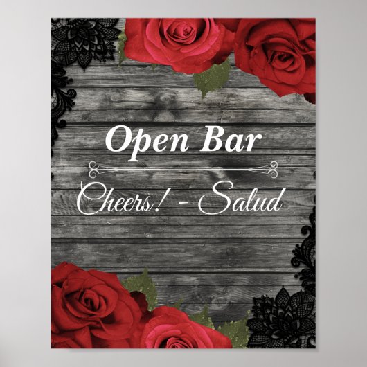 Poster Rouge Roses Russe Black Lace Mariage Open Bar Sign (Devant)
