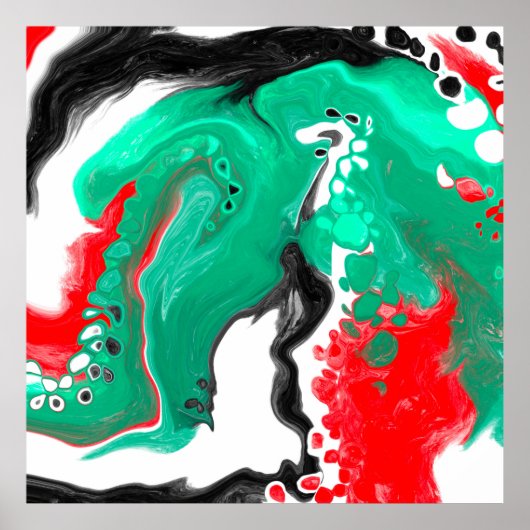 Poster Rouge, vert, noir et Marbre blanc Fluid Art (Devant)