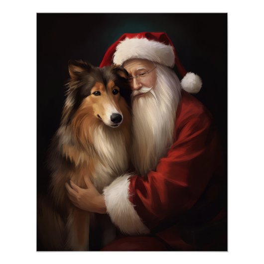 Poster Rough Collie Avec Noël Festif Du Père Noël (Devant)