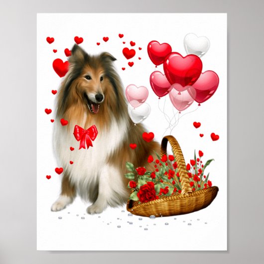 Poster Rough Collie Heart Balloon Happy Valentine Day Dog (Devant)