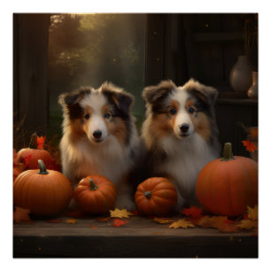 Poster Rough Collie Puppy Automne Citrouille de plaisir