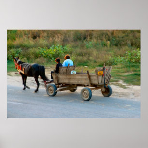 Poster Roumanie, cheval et char