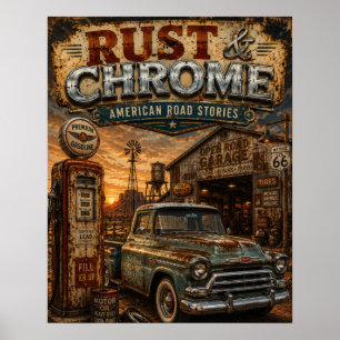 Poster Route 66 Garage de Camions Vintage Rust et Chrome