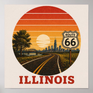 Poster Route 66 Illinois Chicago Coucher de soleil sur la