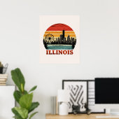 Poster Route 66 Illinois Chicago Skyline Rayure Rétro Sol (Bureau à domicile)