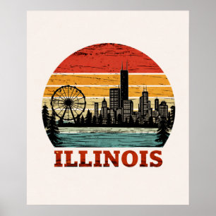 Poster Route 66 Illinois Chicago Skyline Rayure Rétro Sol