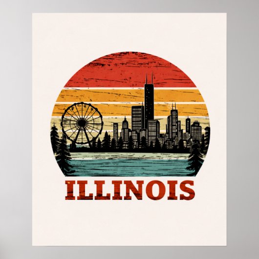 Poster Route 66 Illinois Chicago Skyline Rayure Rétro Sol (Devant)