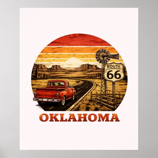 Poster Route 66 Oklahoma Rayure Rétro Camionnette Coucher (Devant)