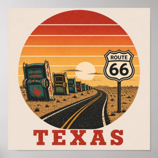 Poster Route 66 Texas Cadillac Désert Coucher de soleil (Devant)