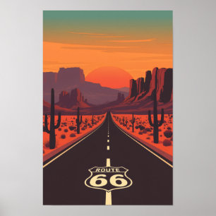 Poster Route 66 USA Coucher de soleil vintage désert