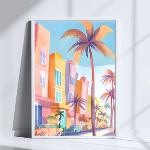 Poster Route de Miami   Rue Colorée Aquarelle