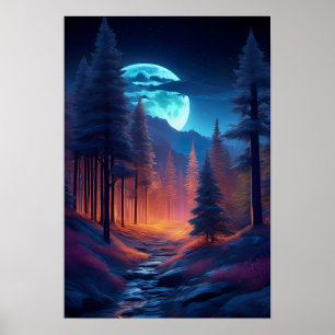 Poster Route nocturne à travers la forêt enchantée