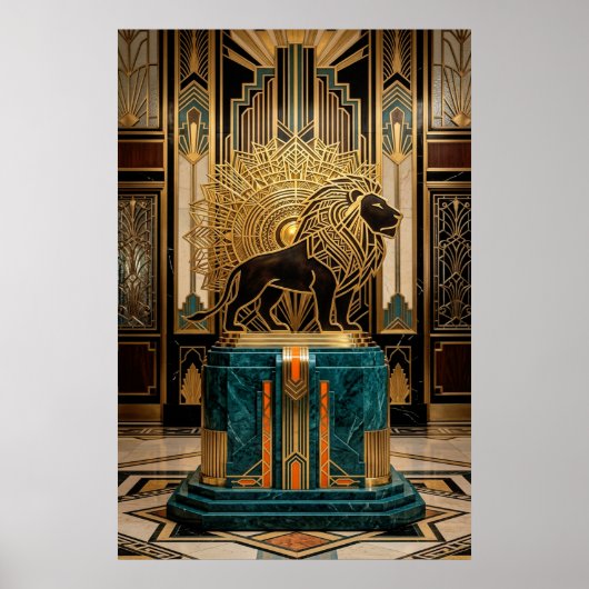 Poster Royal Art Deco Lion Statue Gold Foil (Devant)