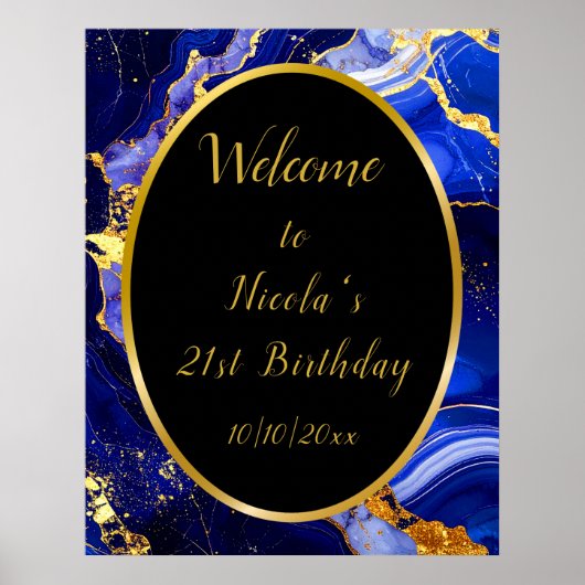 Poster Royal Blue and Gold Marble Agate Birthday Party (Devant)