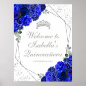 Poster Royal Blue and Silver Floral Quinceanera Welcome P (Devant)
