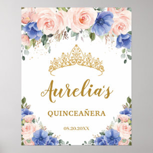 Poster Royal Blue Blush Floral Quinceañera Tiara Bienvenu