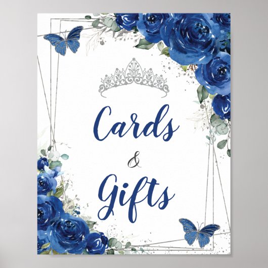 Poster Royal Blue Floral Papillon Quinceañera Cartes Cade (Devant)