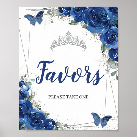 Poster Royal Blue Floral Papillons Quinceañera Faveurs (Devant)
