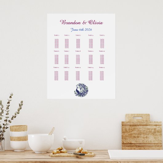 Poster Royal Blue Peacock Wedding Seating Chart (Cuisine)