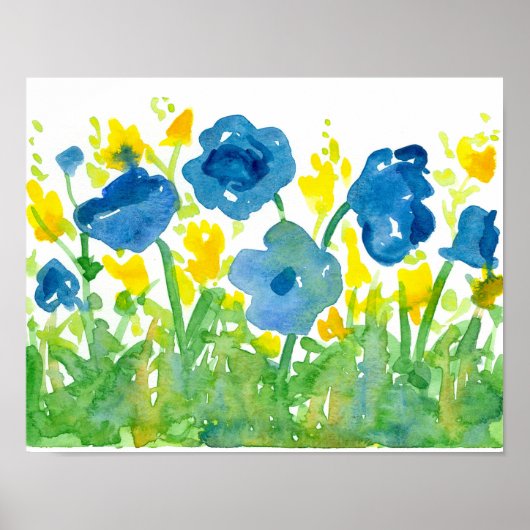 Poster Royal Blue Poppies Jaune Fleur sauvage Aquarelle (Devant)