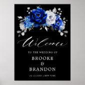 Poster Royal Blue White Argent Floral Mariage Bienvenue P (Devant)