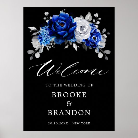 Poster Royal Blue White Argent Floral Mariage Bienvenue P (Devant)