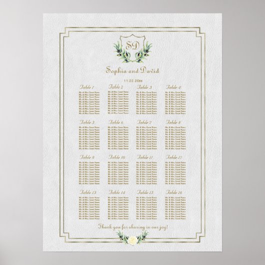Poster Royal Gold Crest Lush Greenery Seating Chart (Devant)