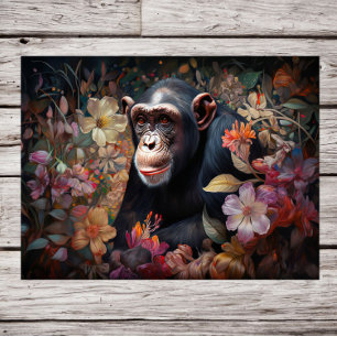 Poster Royaume floral : Un chimpanzé au milieu d'un jardi