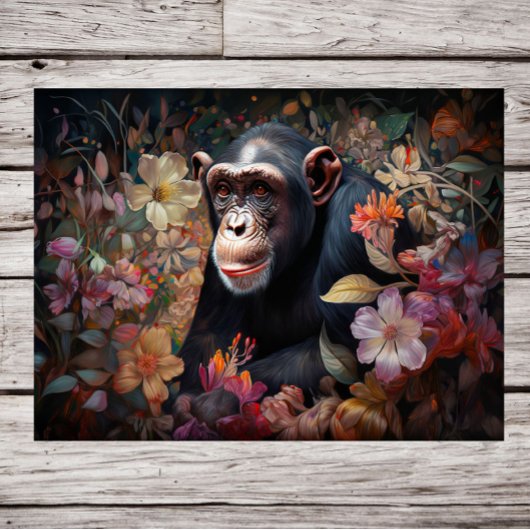 Poster Royaume floral : Un chimpanzé au milieu d'un jardi