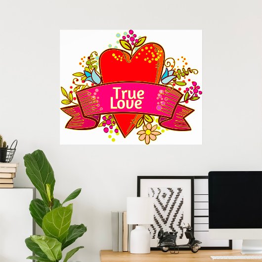 Poster Ruban de cœur d'amour véritable avec éléments flor