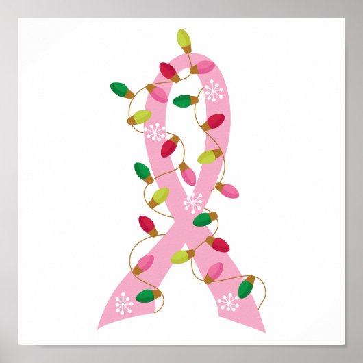 Poster Ruban rose Avec Lumières De Noël Cancer Du Sein (Devant)