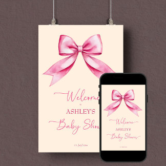 Poster Ruban rose baby shower élégant signe d'accueil