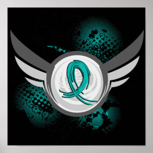 Poster Ruban turquoise Et Ailes Cancer De L'Ovarien