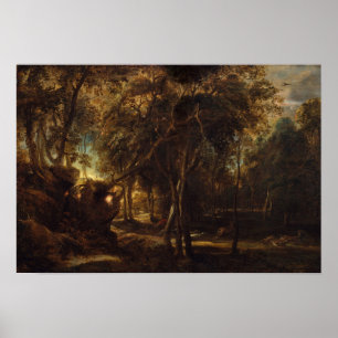 Poster Rubens - Forêt à l'aube avec Chasse aux Cerfs (Met