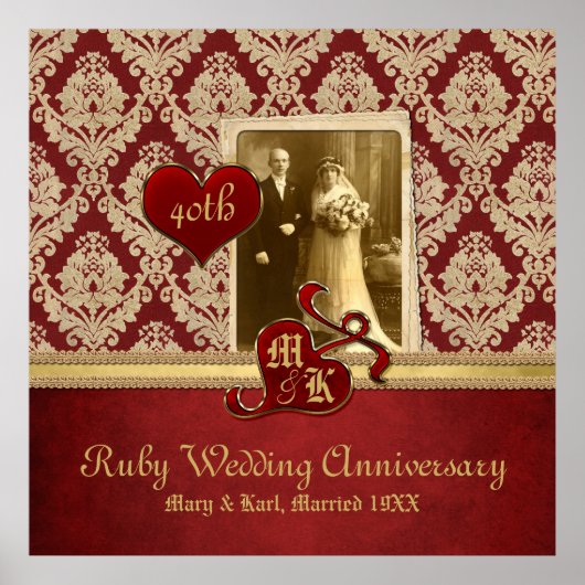 Poster Ruby Mariage Anniversaire Antique Damask Or Rouge (Devant)