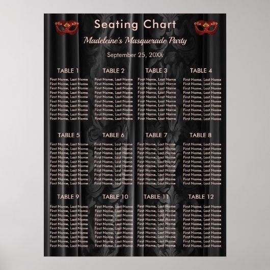 Poster Ruby Red Masquerade Black Damask 12 Tables Seating (Devant)