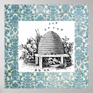 Poster ruche vintage et Damas bleu