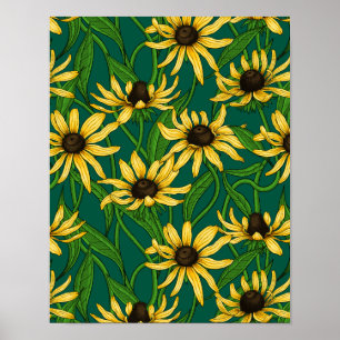 Poster Rudbekia jaune sur vert foncé