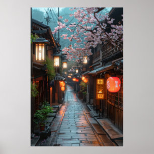 Poster Rue de Kyoto au Crépuscule – Lanterne Art Japonais