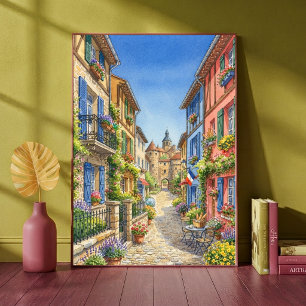 Poster Rue de village français colorée Château Aquarelle