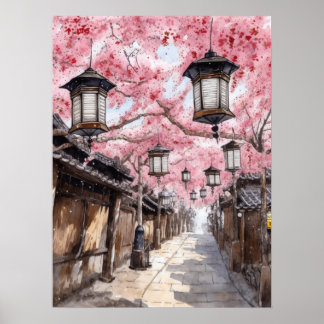Poster Rue japonaise avec les cerisiers en fleurs